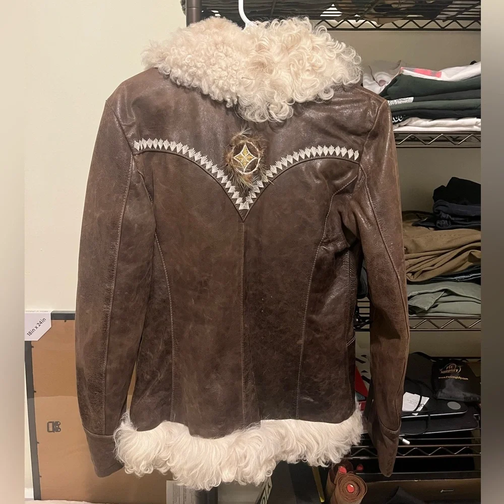 Vintage Genuine Leather Jacket w/ Shearling Fur Trim Penny Lane Made in Italy - Picture 2 of 7
